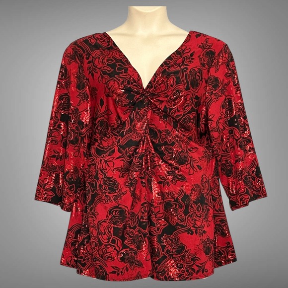 AGB Dress Woman Tops - VTG Y2K Womans Top Plus 20 Red Black Floral Jersey Knit Whimsigoth Dark Fairy